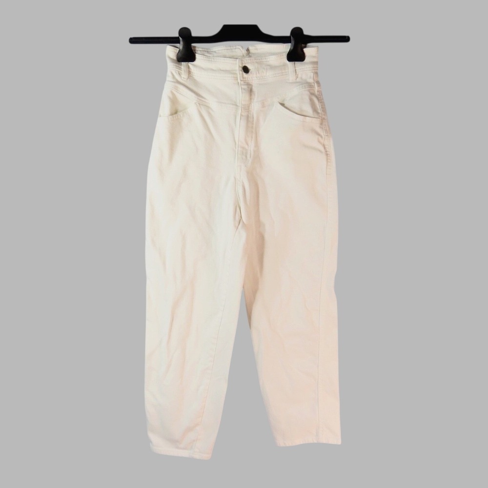 H&M Super High Rise BAGGY FIT WHITE JEANS V-Yoke Front TAPERED LEG Stretch SZ 2